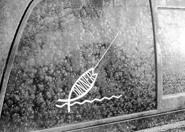 His friend, Dave, made this decal for him. For some reason Len's fundamentalist uncle disliked my Darwin sticker more than this. Dave passed away a few years ago.